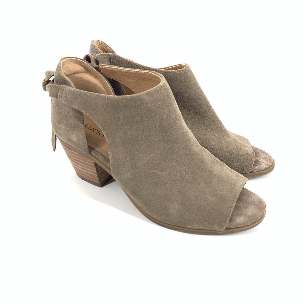 Lucky Brand Betsee Suede Open Toe Ankle Booties Size 6.5 Tan Brown Low Boots